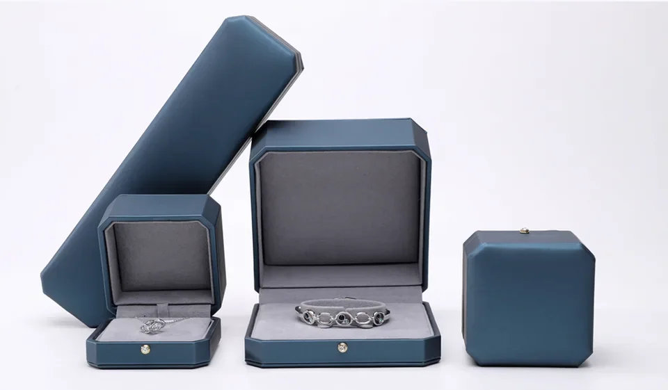 Open blue jewelry presentation boxes